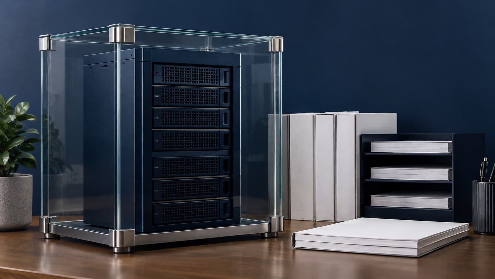 A dark blue server sits inside a clear glass enclosure beside plain files on an office desk.