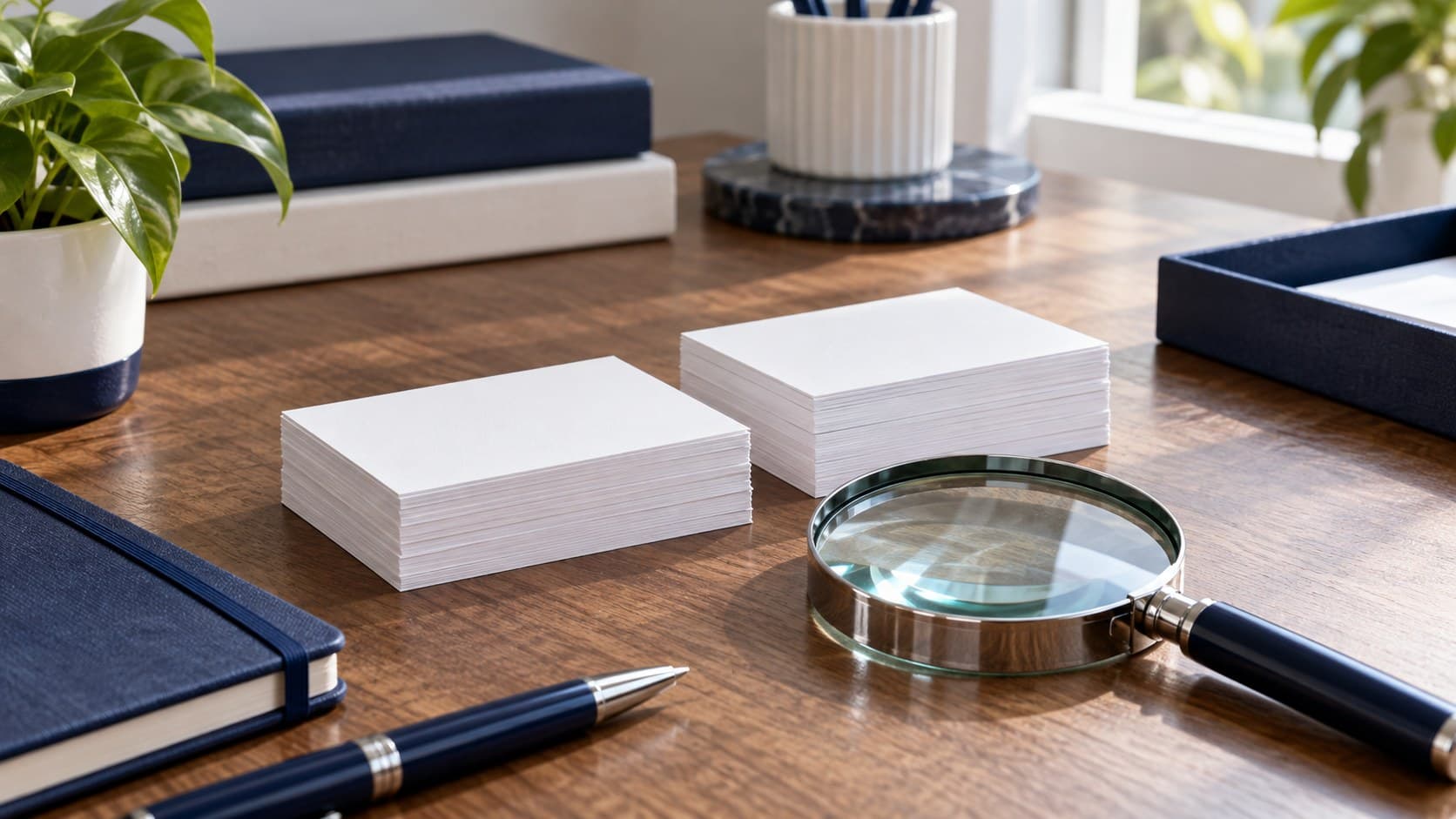 Two stacks of blank portfolio cards and a magnifying glass on a sunlit desk.