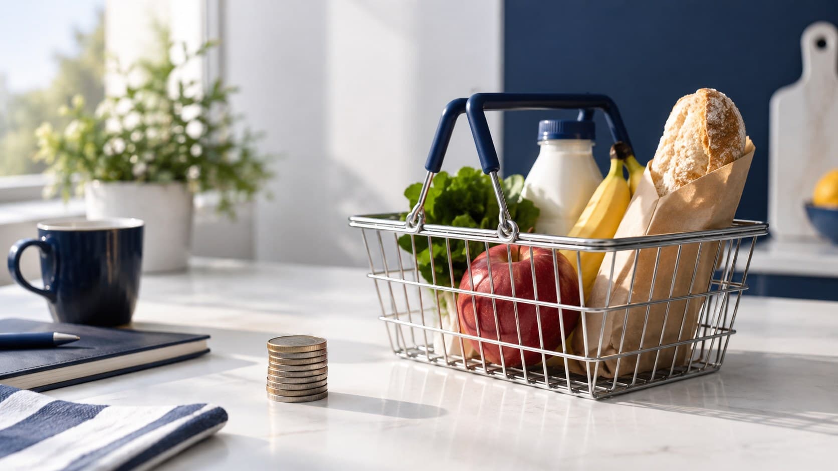 A grocery basket and a small stack of coins on a bright kitchen table.
